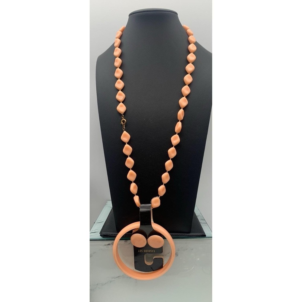 Vintage 70's New Old Stock Peach Plastic Necklace Earrings & Bracelet Hong Kong